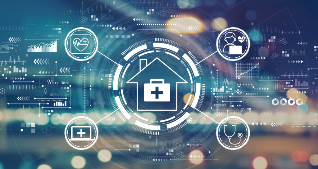 A graphic of telehealth. Information relating to health is shared. 