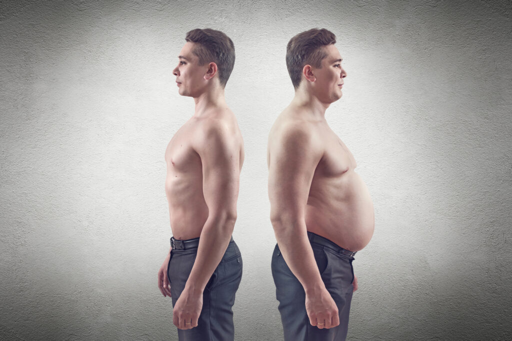 A before and after rendering of a man taking weight loss injections